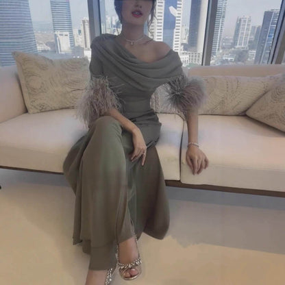 Elegant Feather Stitching Jumpsuit - High Waist in Lotus Root Pink & Gray Green - Buy Center US