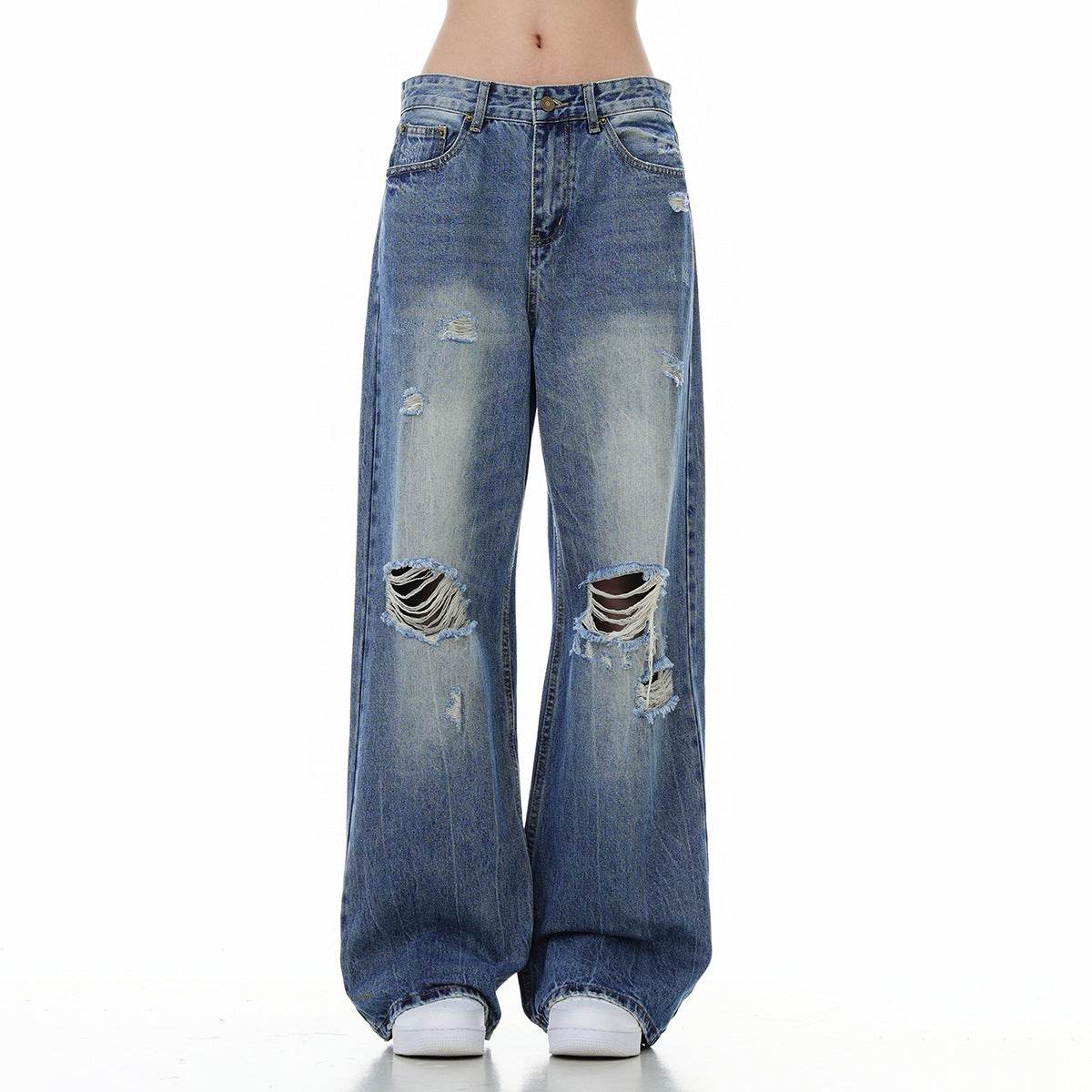 Women's Ripped Washed Blue Jeans - Micro-Elastic, Straight-Leg Style - Buy Center US