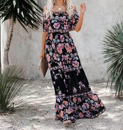 Off-Shoulder A-Line Summer Dress - Floral Print, Mid Waist Style - Buy Center US