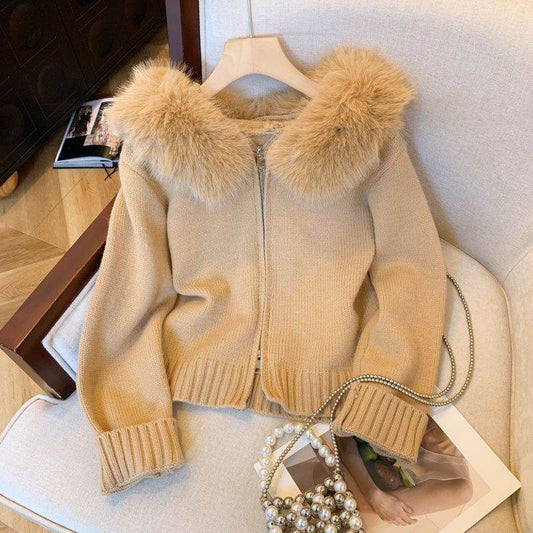 Double Zipper Hooded Knit Cardigan - Chic Fur Collar Design in Khaki & White - Buy Center US