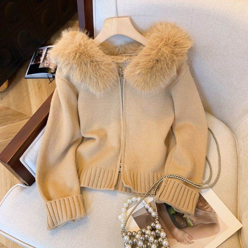 Double Zipper Hooded Knit Cardigan - Chic Fur Collar Design in Khaki & White - Buy Center US