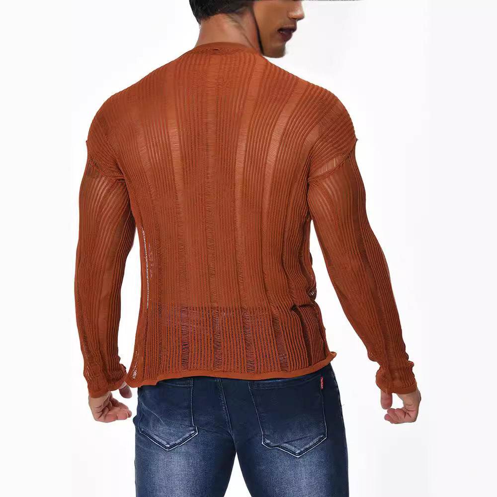 Men's Long Sleeve Loose Sweater - All-Matching Pullover in White & Light Brown - Buy Center US