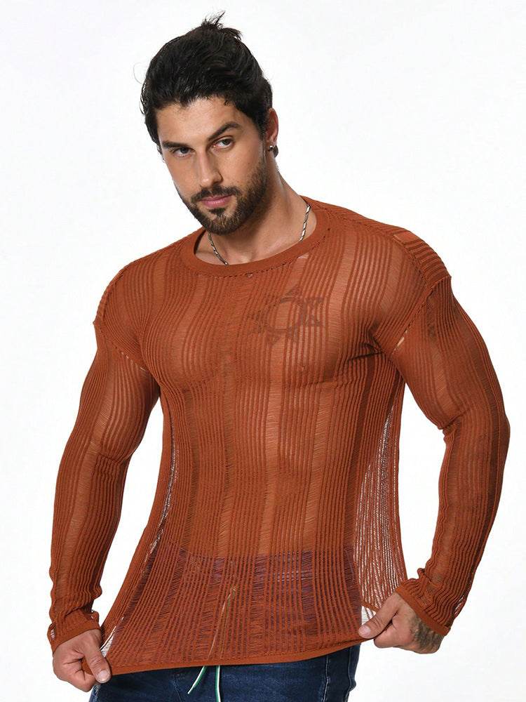 Men's Long Sleeve Loose Sweater - All-Matching Pullover in White & Light Brown - Buy Center US