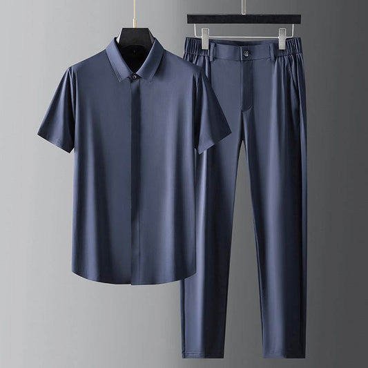 Buycenter Men's Casual Short-Sleeve Shirt Suit - Blue & Gray Trousers - Buy Center US