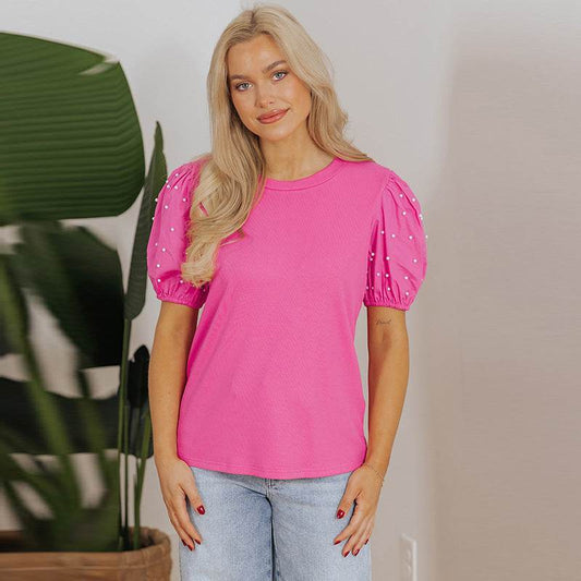 Solid Color Round Neck Pullover for Women - Casual Beaded Style - Buy Center US