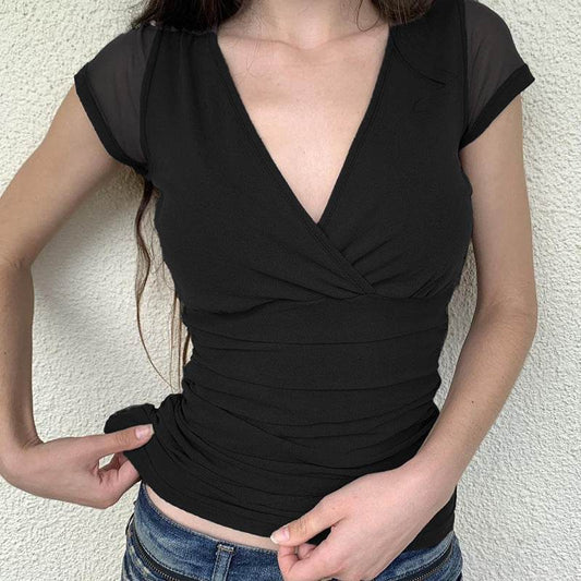 Deep V Design Short Sleeve Pleated Top - Slim Fit Black Mesh Stitching - Buy Center US