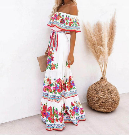 Off-Shoulder A-Line Summer Dress - Floral Print, Mid Waist Style - Buy Center US