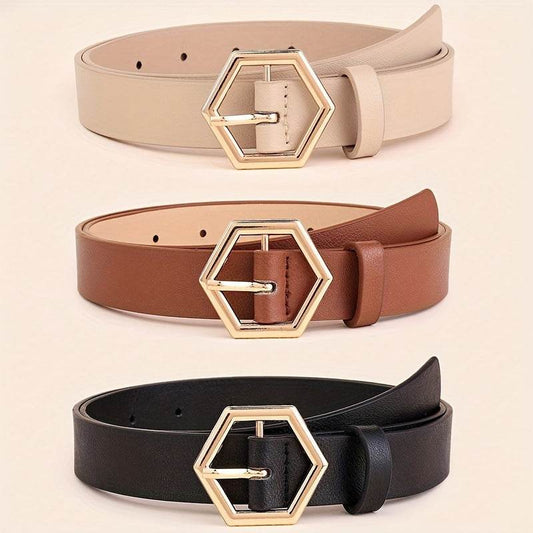 Stylish Women's Gold Buckle PU Belt - Hexangular Star Design, Versatile Fit - Buy Center US