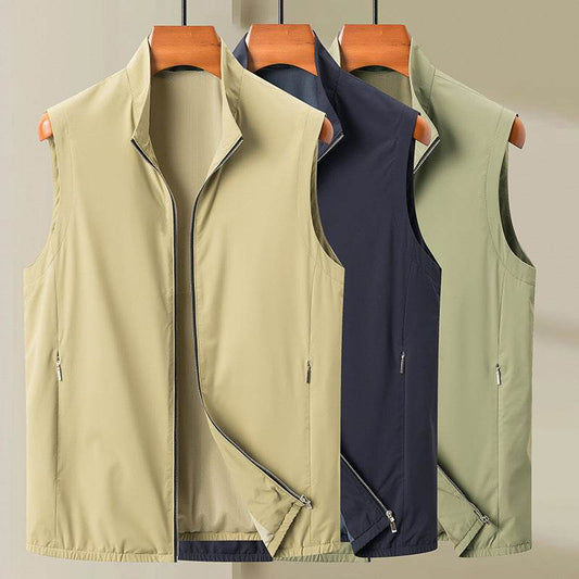 Buycenter Casual Men's Vest - Lightweight Stand Collar Waistcoat in Khaki & Blue - Buy Center US