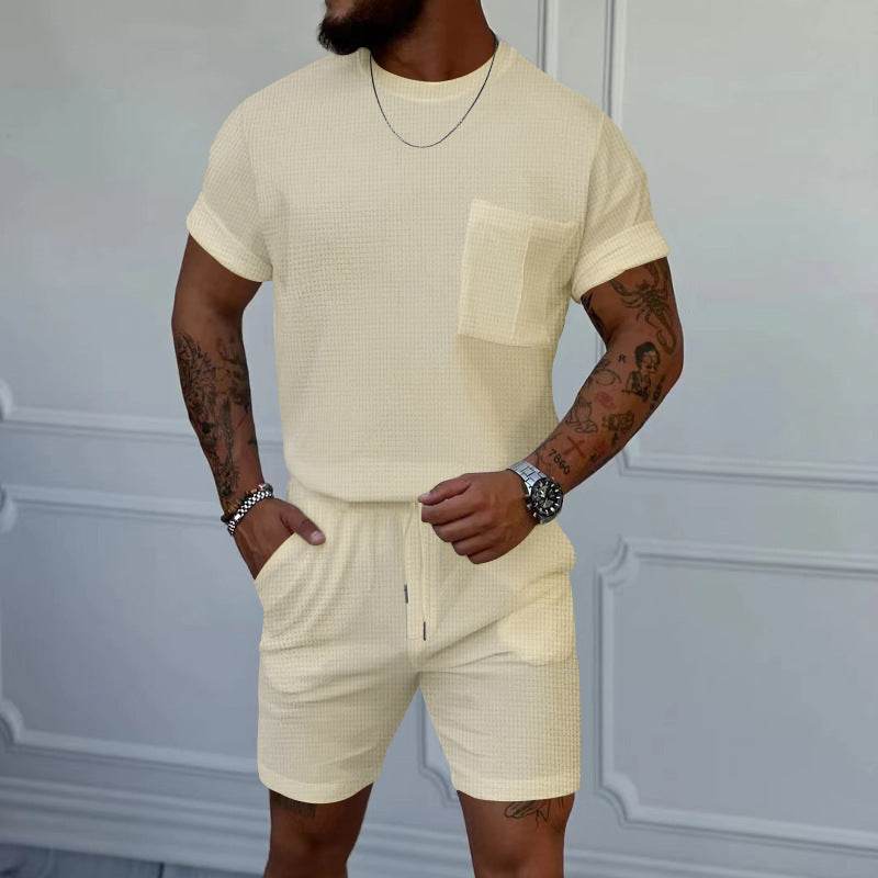 Buycenter Casual Sports Suit - Waffle Round Neck, Short Sleeve & Shorts - Buy Center US