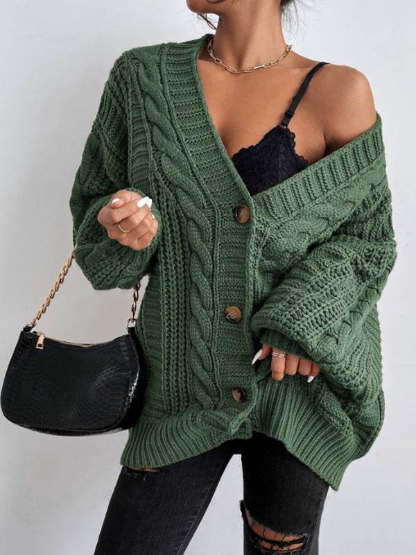 Women's V-Neck Retro Knitted Sweater - Loose Fit, Lantern Sleeves - Buy Center US