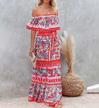 Off-Shoulder A-Line Summer Dress - Floral Print, Mid Waist Style - Buy Center US