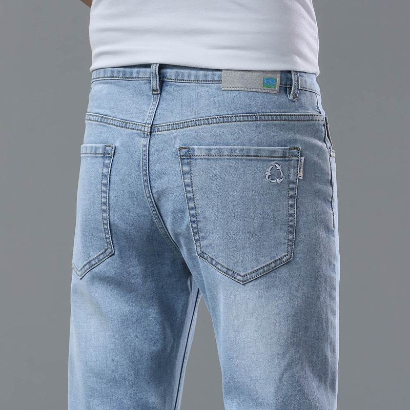 Men's Light Blue Stretch Slim-Fit Trousers - Mid Waist Straight Leg - Buy Center US