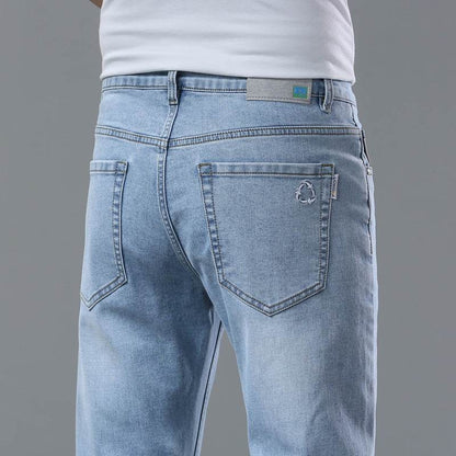 Men's Light Blue Stretch Slim-Fit Trousers - Mid Waist Straight Leg - Buy Center US