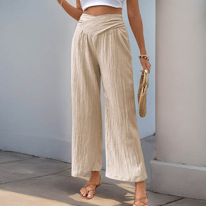 Women's High Waist Cropped Wide-Leg Pants - Apricot, Stylish Commute Wear - Buy Center US