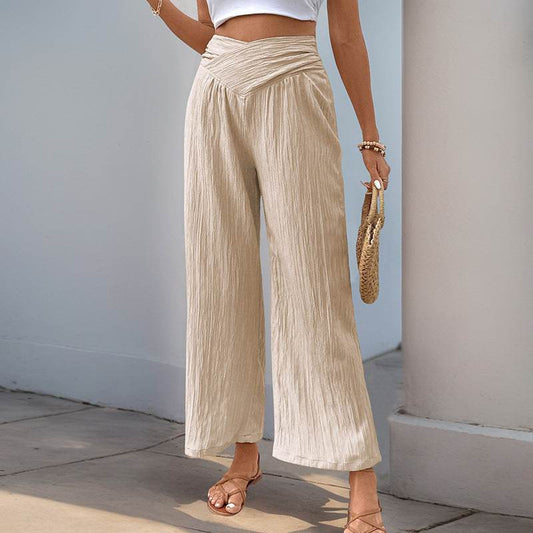 Women's High Waist Cropped Wide-Leg Pants - Apricot, Stylish Commute Wear - Buy Center US