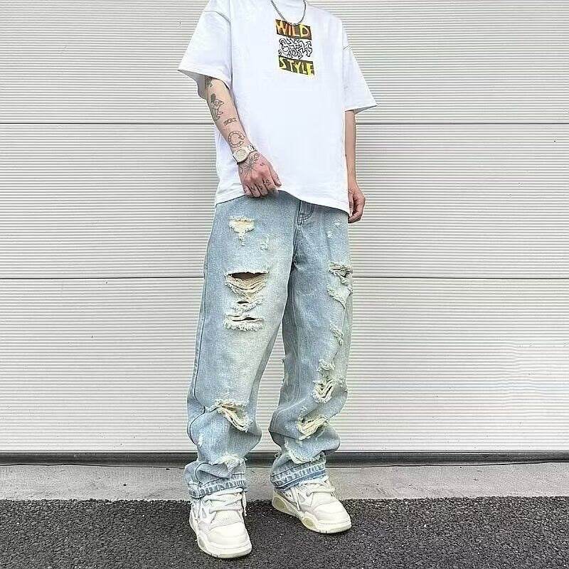Retro Wide Leg Jeans - Water Washed Straight-Leg Style for Casual Wear - Buy Center US