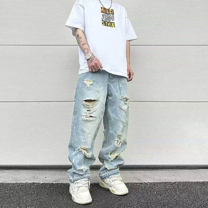 Retro Wide Leg Jeans - Water Washed Straight-Leg Style for Casual Wear - Buy Center US