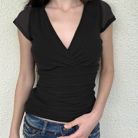 Deep V Design Short Sleeve Pleated Top - Slim Fit Black Mesh Stitching - Buy Center US