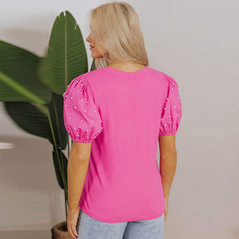 Solid Color Round Neck Pullover for Women - Casual Beaded Style - Buy Center US