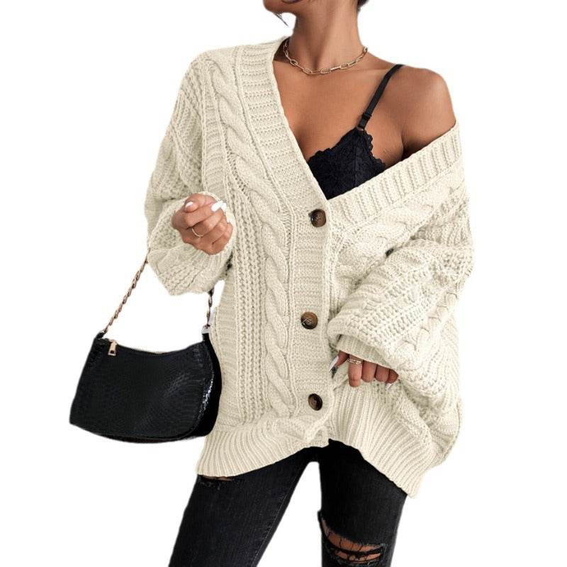 Women's V-Neck Retro Knitted Sweater - Loose Fit, Lantern Sleeves - Buy Center US