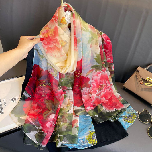Peony Silk Scarf for Women - Long, Lightweight Sun Protection Accessory - Buy Center US