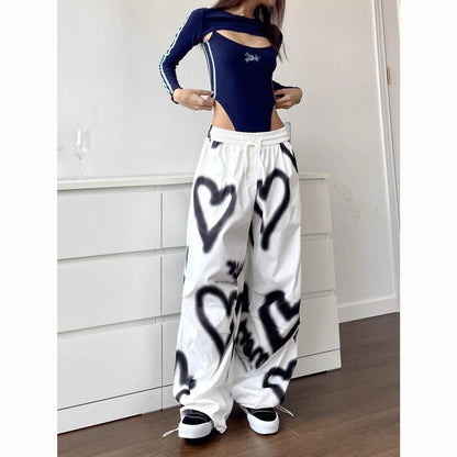 Hip Hop Heart Wide Leg Pants - Elastic Waist Drawstring for Women - Buy Center US