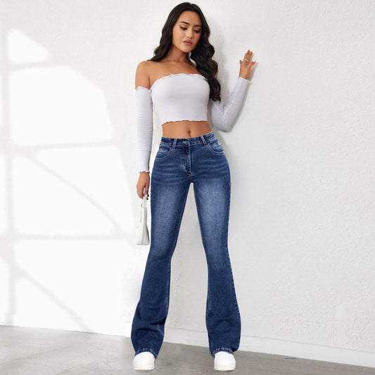 Women's High Waist Stretch Denim Pants - Retro Washed Commuter Style - Buy Center US