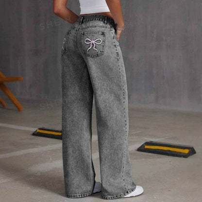 Vintage Bow Embroidered Jeans for Women - Washed Straight Loose Trousers - Buy Center US