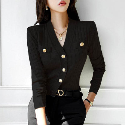 Slim-fit V-neck Knitted Cardigan - Casual Style in Khaki, Black, White - Buy Center US