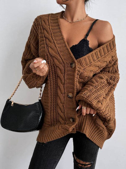 Women's V-Neck Retro Knitted Sweater - Loose Fit, Lantern Sleeves - Buy Center US