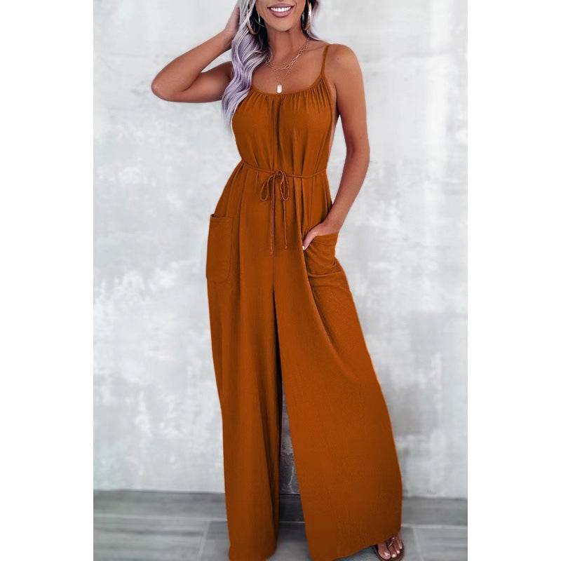 Women's Loose Suspender Jumpsuit with Pockets - High Waist, Long Sleeve - Buy Center US