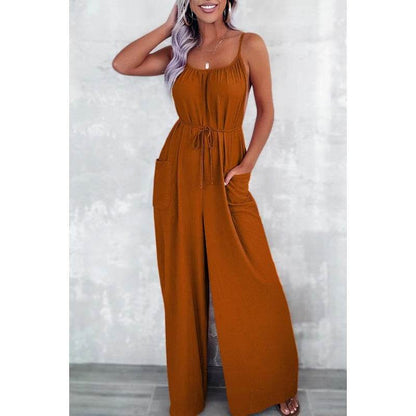Women's Loose Suspender Jumpsuit with Pockets - High Waist, Long Sleeve - Buy Center US