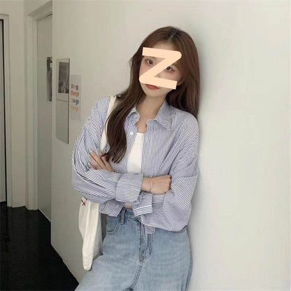 Vertical Striped Embroidery Shirt - Loose Fit in Blue & White Stripe - Buy Center US