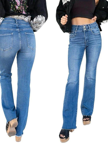 Women's High Waist Straight Double Button Jeans - Medium Blue, Black, Dark Blue - Buy Center US