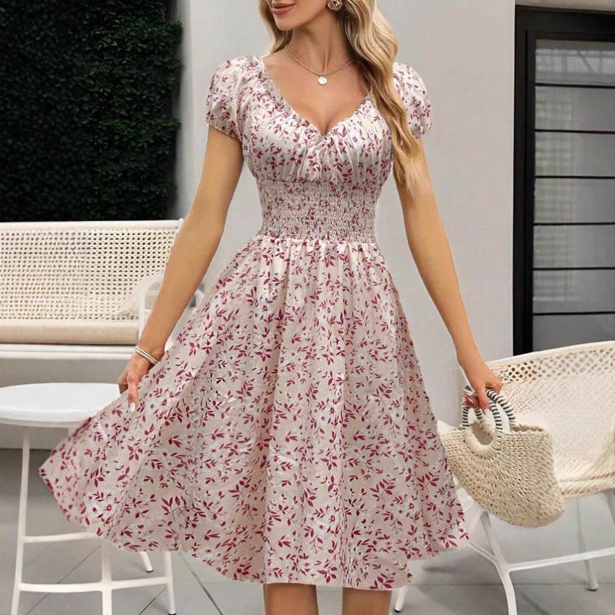 Vintage Floral Puff Sleeve Dress - Elegant A-Line Style in Khaki, Pink, Emerald - Buy Center US
