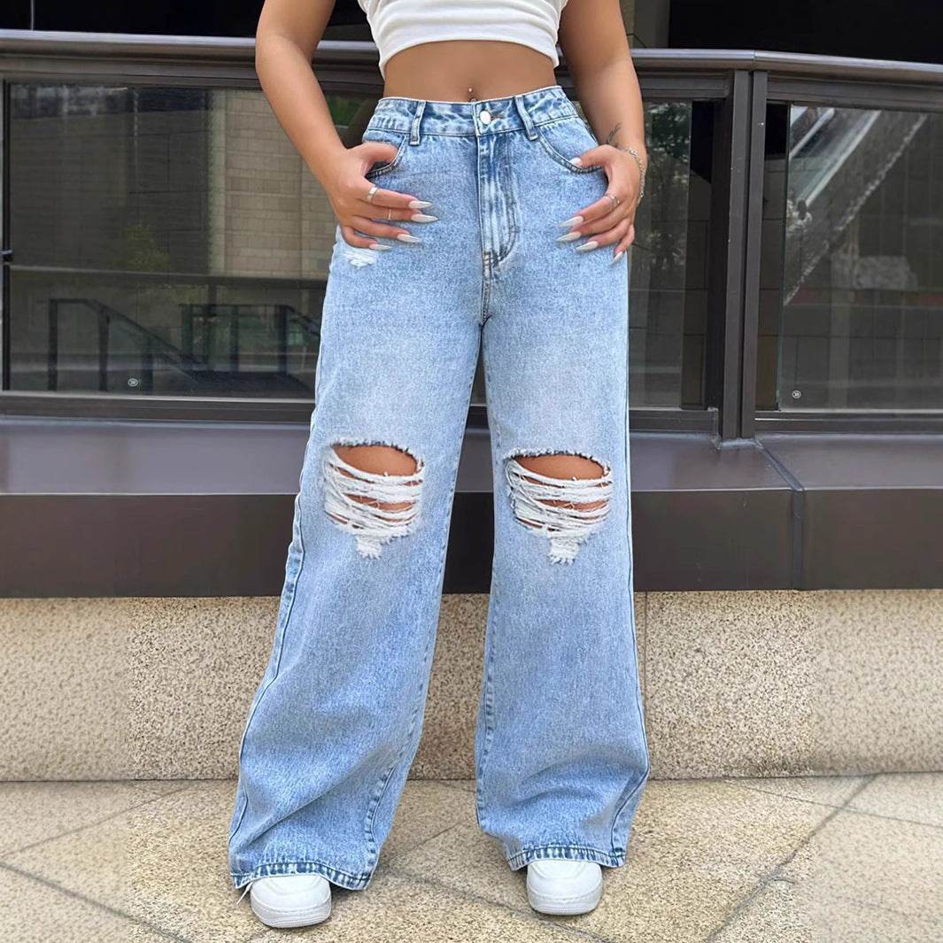 Light Blue Ripped Washed Jeans - Women's Loose Straight Wide Leg - Buy Center US