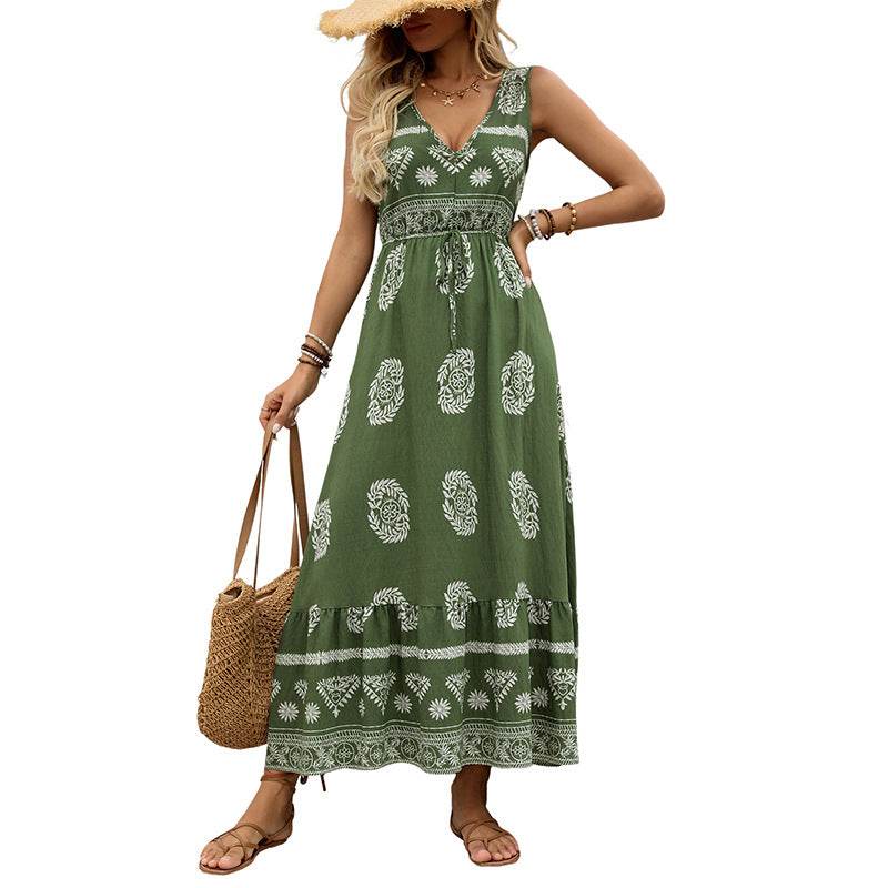 Green Ethnic Style V-Neck Dress for Women - High Waist Casual Fashion - Buy Center US