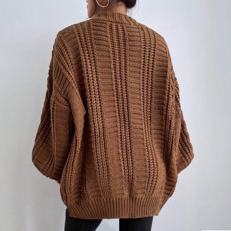 Women's V-Neck Retro Knitted Sweater - Loose Fit, Lantern Sleeves - Buy Center US