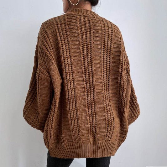 Women's V-Neck Retro Knitted Sweater - Loose Fit, Lantern Sleeves - Buy Center US