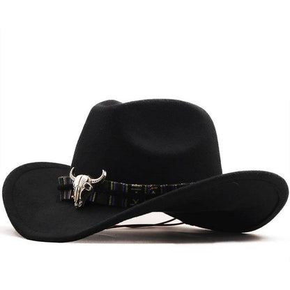 Western Denim Horn Woolen Hat - Embroidered Style for All Seasons - Buy Center US