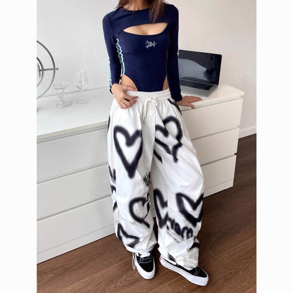 Hip Hop Heart Wide Leg Pants - Elastic Waist Drawstring for Women - Buy Center US