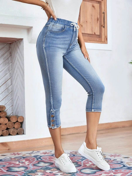 Women's Elastic Waistband Lace-up Stretch Jeans - Light Blue Denim - Buy Center US