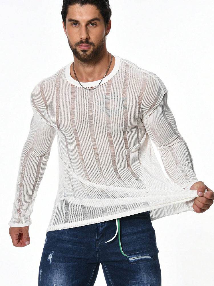 Men's Long Sleeve Loose Sweater - All-Matching Pullover in White & Light Brown - Buy Center US