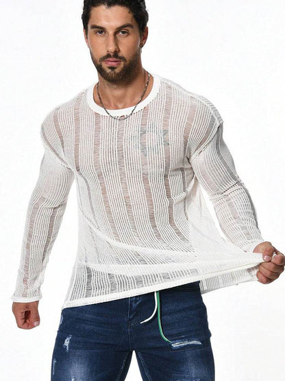Men's Long Sleeve Loose Sweater - All-Matching Pullover in White & Light Brown - Buy Center US