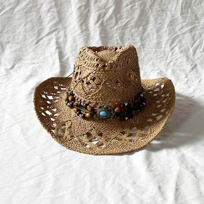 Handmade Gem Aster Straw Hat - Summer Sun Protection, Conical Crown - Buy Center US