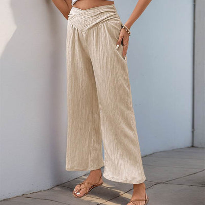 Women's High Waist Cropped Wide-Leg Pants - Apricot, Stylish Commute Wear - Buy Center US