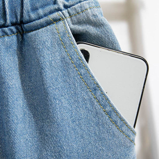 Light Blue Tapered Mid-Rise Jeans - Loose Fit, Flannel Fabric - Buy Center US
