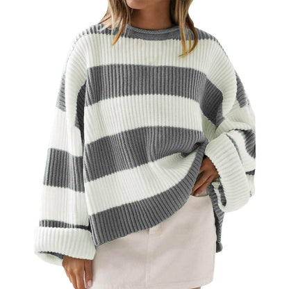 Stylish Women's Round Neck Striped Sweater - Long Sleeve Casual Top - Buy Center US