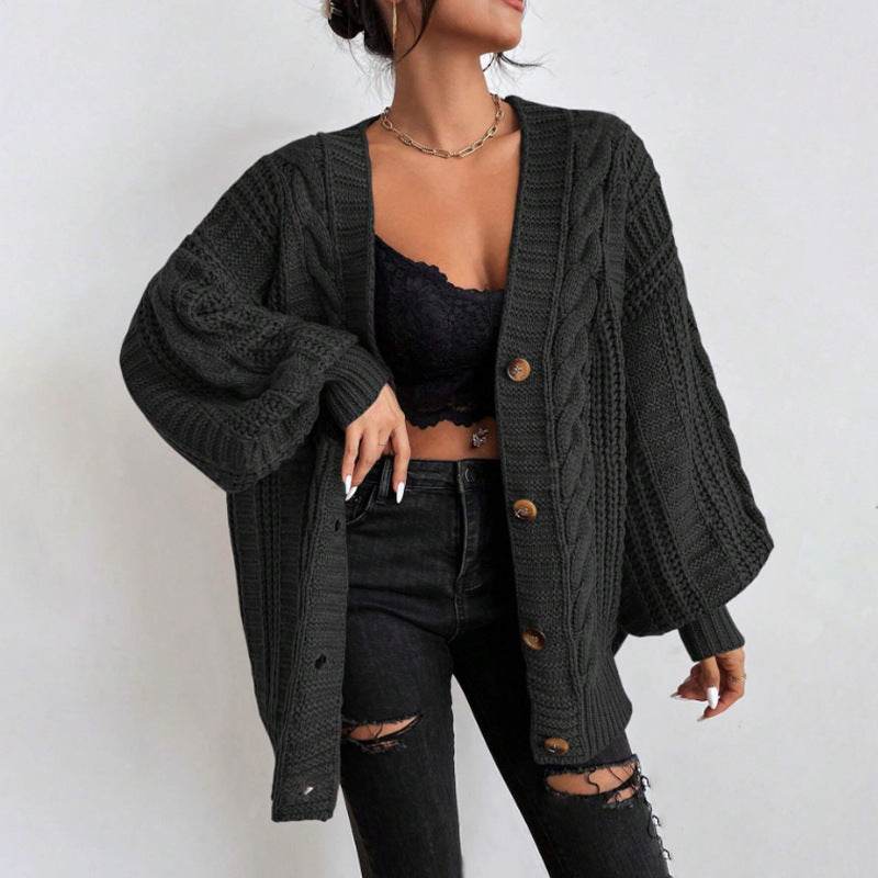 Women's V-Neck Retro Knitted Sweater - Loose Fit, Lantern Sleeves - Buy Center US